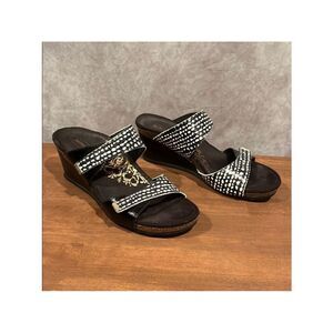 Aetrex black white spotted leather two strap wedge sandal size 39 / 8.5